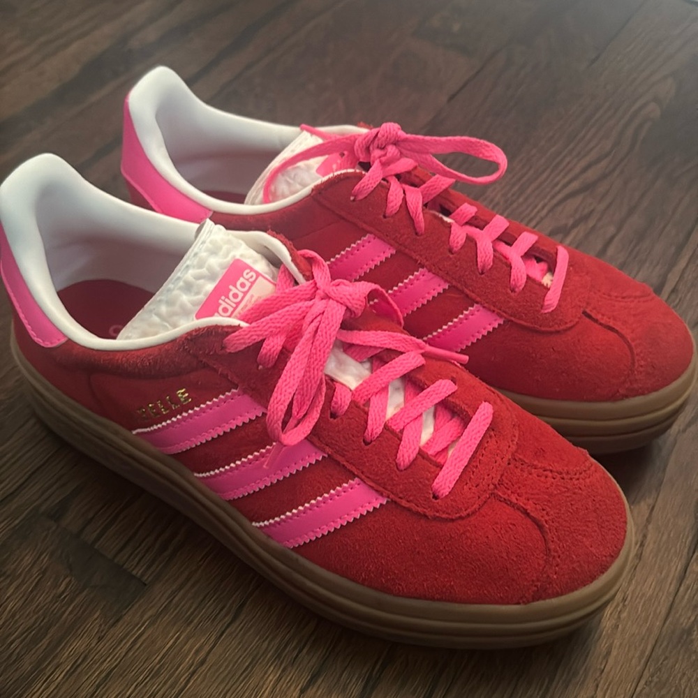 Red and pink addidas gazelles in a US 6.5.